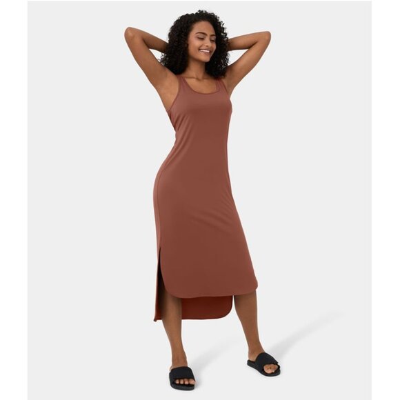 HALARA U-Neck Sleeveless Cut-Out High-Low Midi Dress in Maple Syrup (Size M) - Picture 1 of 10
